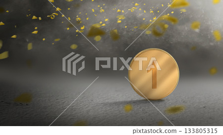 Golden coin featuring the number one with falling golden confetti creating a celebratory atmosphere. Concept of a winner Golden coin featuring the number one with falling golden confetti creating a celebratory atmosphere. Concept of a winner 133805315