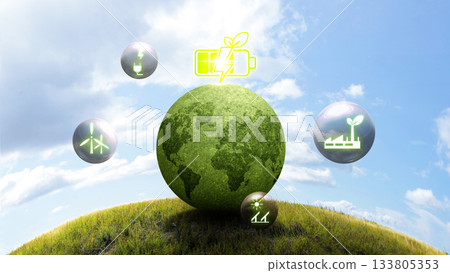 Green earth globe and a glowing neon style battery icon with a leaf surrounded by symbols for industry, electricity, solar panel, and wind turbine. Concept of Bio Energy Green earth globe and a glowing neon style battery icon with a leaf surrounded by symbols for industry, electricity, solar panel, and wind turbine. Concept of Bio Energy 133805353