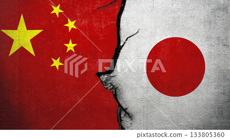 Two cracked walls with China and Japan national flags facing each other. Conflict between China against Japan 133805360