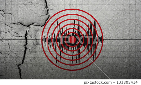 Earthquake with seismic wave represented by concentric red circles, overlaid on a cracked concrete wall background. Concept of Earthquake Earthquake with seismic wave represented by concentric red circles, overlaid on a cracked concrete wall background. Concept of Earthquake 133805414
