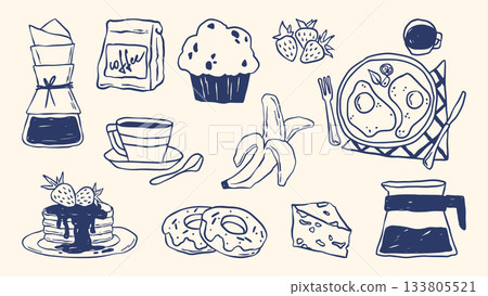 Hand drawn breakfast doodle icon set Hand drawn breakfast doodle icon set 133805521