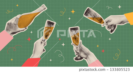Retro Christmas collage with halftone champagne 133805523