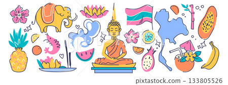 Thailand culture doodle set with Buddha statue 133805526