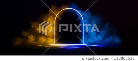 Glowing neon portal arch with smoke fog. 133805532