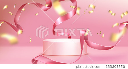 Pink podium stage with gold confetti Pink podium stage with gold confetti 133805550