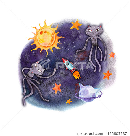 A children's illustration with a rocket, stars, planets and cartoon cats on dark background. A hand-drawn watercolor square composition for designing children's and holiday products and textiles. A children's illustration with a rocket, stars, planets and cartoon cats on dark background. A hand-drawn watercolor square composition for designing children's and holiday products and textiles. 133805587