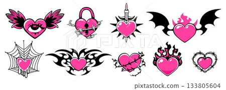 Goth heart tattoos set isolated on white 133805604