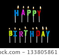 Colorful birthday candles in shape of letters Happy Birthday isolated on black background. Birthday candles perfect for birthday celebrations, greeting cards, banners, or party decorations design. 133805861