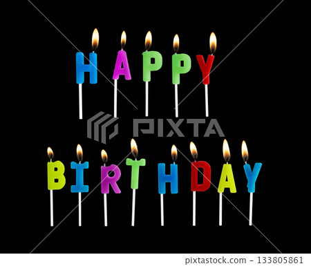 Colorful birthday candles in shape of letters Happy Birthday isolated on black background. Birthday candles perfect for birthday celebrations, greeting cards, banners, or party decorations design. Colorful birthday candles in shape of letters Happy Birthday isolated on black background. Birthday candles perfect for birthday celebrations, greeting cards, banners, or party decorations design. 133805861