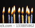 Yellow and blue birthday candles burning with soft warm flames on black background with copy space. Festive candles composition symbolizing celebration, joy, and bright holiday mood. 133805862