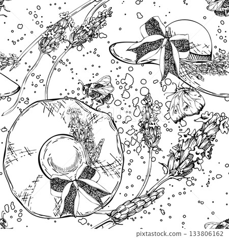 Seamless pattern of lavender stalks on straw sunhats with ribbon bows. Butterflies bumblebees flying, paint splatter dots. Isolated illustration hand drawn in vector ink. Wedding florist background 133806162