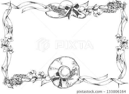 Spanish broom spartium lavender flowers, straw summer hat with lavender bow, streaming serpentine ribbons. Isolated frame illustration hand drawn in vector ink. Florist eco gifts, wedding souvenirs Spanish broom spartium lavender flowers, straw summer hat with lavender bow, streaming serpentine ribbons. Isolated frame illustration hand drawn in vector ink. Florist eco gifts, wedding souvenirs 133806164