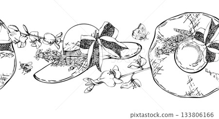 Lavender lavandula bouquet on woven straw hat with ribbon bow band. Spartium flowers and flying butterfly. Isolated seamless banner illustration hand drawn in vector ink. Personal care branding kits Lavender lavandula bouquet on woven straw hat with ribbon bow band. Spartium flowers and flying butterfly. Isolated seamless banner illustration hand drawn in vector ink. Personal care branding kits 133806166
