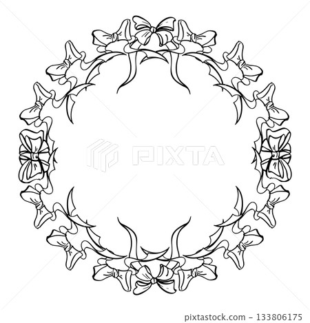 Graceful loops and tied ribbons with long intricate curving tails forming circular wreath. Hand drawn vector illustration in pen and ink. Holiday logo frame, Valentine label, decorative border. 133806175
