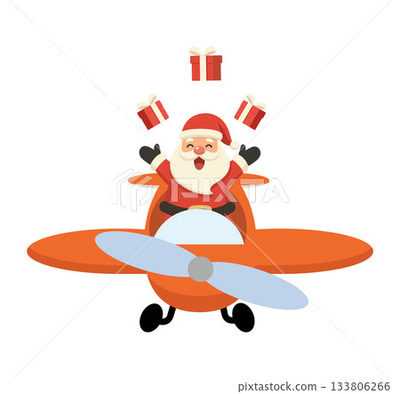 Cartoon Santa Claus Flying Airplane with Gifts 133806266