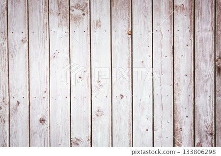Showing weathered white wooden planks in flat design, featuring vertical grain, knots, nail holes 133806298