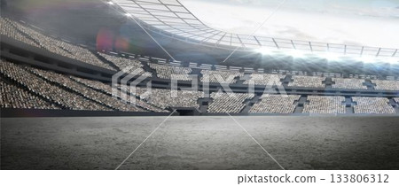 Empty playing surface is being shown in flat design arena interior, with tiered seats, lens flare Empty playing surface is being shown in flat design arena interior, with tiered seats, lens flare 133806312