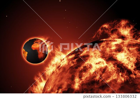 Large fire ball of the sun with earth 133806332