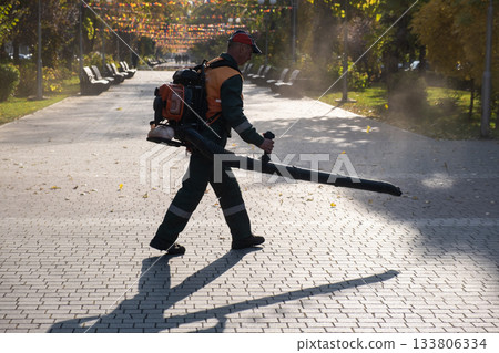 Blower cleaning from pavement leaves. Blower cleaning from pavement leaves. 133806334