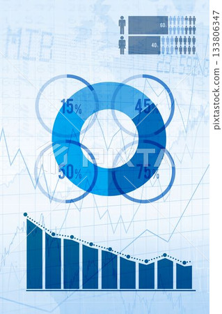 Flat design data dashboard showing four-segment donut chart and bar graphs with silhouette icons 133806347