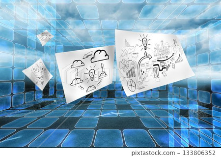 Sheets with graphics on futuristic background 133806352