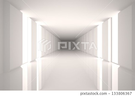 Rendering long minimalist corridor in 3D design, highlighting glossy floor and illuminated pillars 133806367