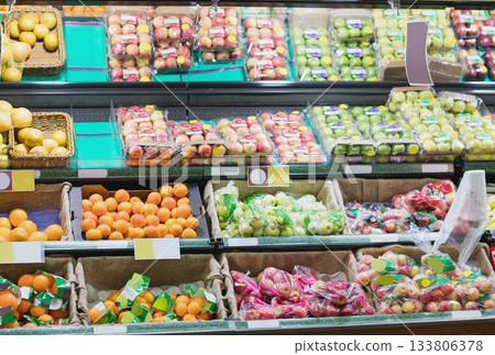 Various fruits at grocery store 133806378