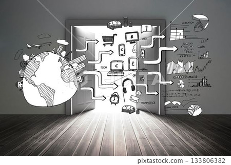 Black white graphic in room with big door Black white graphic in room with big door 133806382