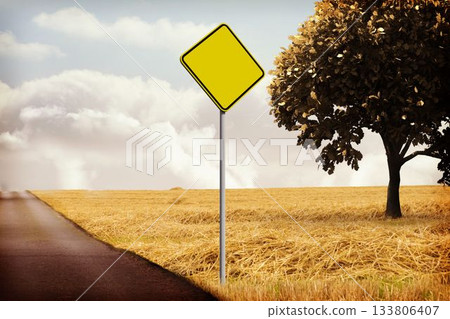 Blank yellow diamond traffic sign is standing beside road with wheat field and tree, flat design Blank yellow diamond traffic sign is standing beside road with wheat field and tree, flat design 133806407