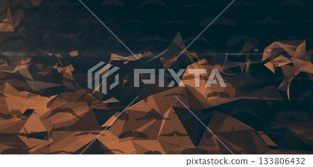 Cluster of overlapping triangular facets is forming stylized mountain peaks in abstract digital art 133806432