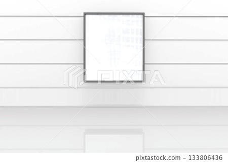 Minimalistic gallery showing blank rectangular frame on white paneled wall mirroring shiny floor Minimalistic gallery showing blank rectangular frame on white paneled wall mirroring shiny floor 133806436