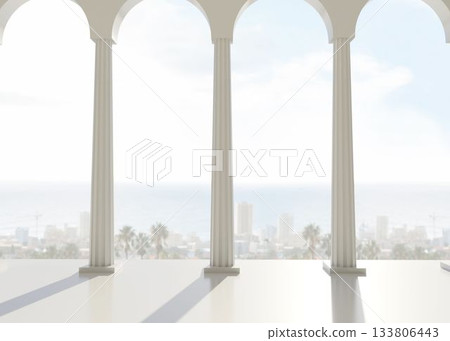 Room with pillars overlooking city and ocean 133806443