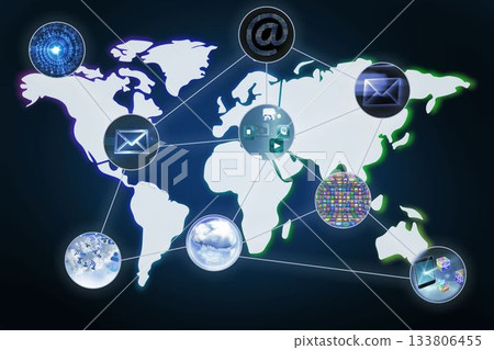 Displaying flat design world map with glowing digital icons linking global communication network Displaying flat design world map with glowing digital icons linking global communication network 133806455