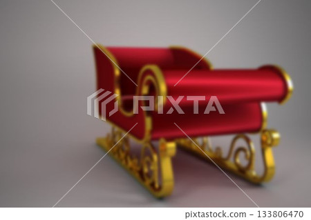 Displaying 3D sleigh with red upholstery, gold ornate runners and curled armrests on grey backdrop Displaying 3D sleigh with red upholstery, gold ornate runners and curled armrests on grey backdrop 133806470