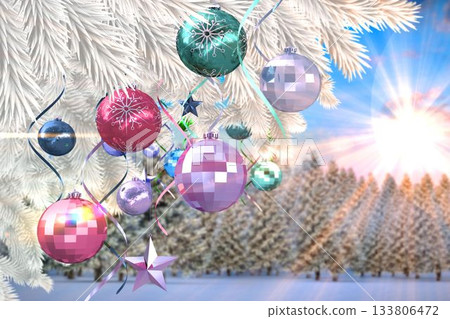 Christmas tree branch in snowy landscape Christmas tree branch in snowy landscape 133806472