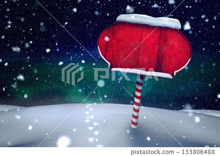 Flat design is showing red snow-trimmed sign on candy-stripe post beside footprints under aurora Flat design is showing red snow-trimmed sign on candy-stripe post beside footprints under aurora 133806488