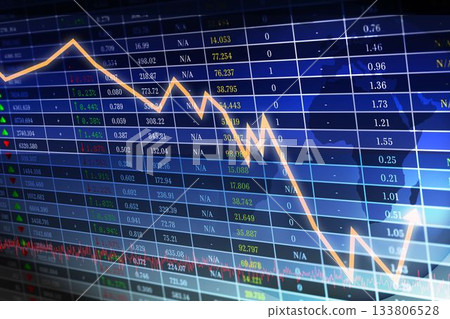 Flat design dashboard is showing grid with arrows, orange zigzag, red trendline and map silhouette 133806528