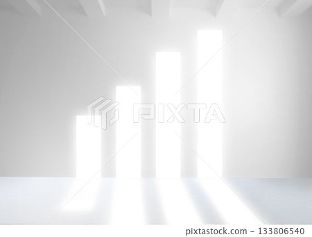 Flat design gallery interior is showcasing four rising light columns and exposed ceiling beams 133806540