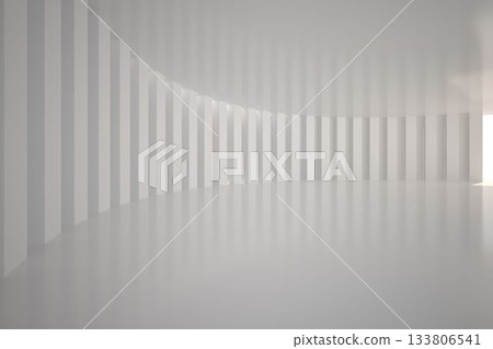 curved row of tall white dividers is forming flat design corridor with glossy floor, ceiling panels 133806541