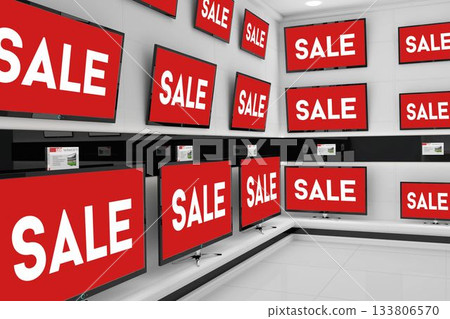 Flat design showing televisions displaying SALE signs in retail showroom with black shelving Flat design showing televisions displaying SALE signs in retail showroom with black shelving 133806570