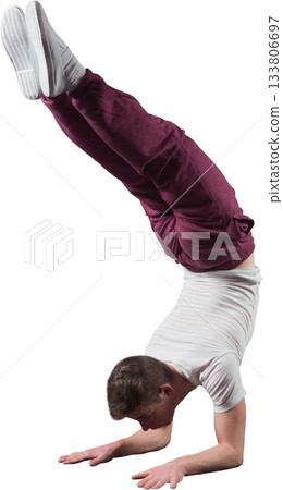 Teenager is balancing on forearms in flat design wearing burgundy pants, white shoes, copy space 133806697