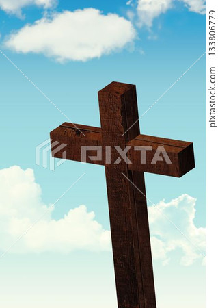 Flat design wooden Latin cross is standing against clear blue sky with scattered white clouds 133806779
