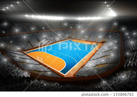 Showcasing flat design blue court with orange goals dashed lines under stadium lights around stands Showcasing flat design blue court with orange goals dashed lines under stadium lights around stands 133806781