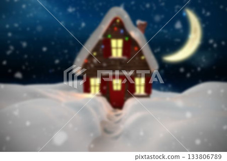 Flat design wooden cabin is glowing under snowfall, with snowy roof, colored lights, crescent moon Flat design wooden cabin is glowing under snowfall, with snowy roof, colored lights, crescent moon 133806789