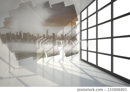 Abstract screen in room showing cityscape Abstract screen in room showing cityscape 133806801