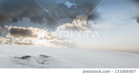 Snow-covered plain with footprints is stretching under dramatic clouds in flat design 133806807