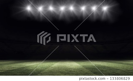 Flat design illustration showing illuminated grass football pitch under bright floodlights at night Flat design illustration showing illuminated grass football pitch under bright floodlights at night 133806829