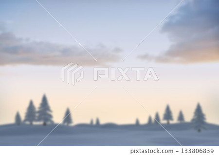 Flat design winter scene is featuring snowdrifts, rolling hills and evergreen trees under soft sky 133806839