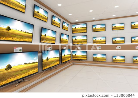 Corner is showcasing flat design electronics shop with modern TVs on wood shelves and price tags Corner is showcasing flat design electronics shop with modern TVs on wood shelves and price tags 133806844