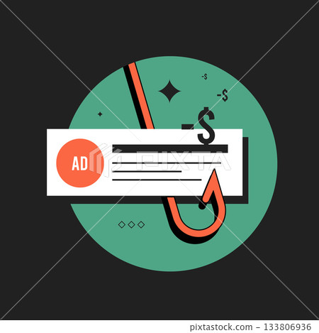 Clickbait ad scam hooks users with dollar bait as clickbait ad scam lures fake clicks for fraud revenue in bold flat green vector illustration for 2026 digital marketing risks vector icon illustration Clickbait ad scam hooks users with dollar bait as clickbait ad scam lures fake clicks for fraud revenue in bold flat green vector illustration for 2026 digital marketing risks vector icon illustration 133806936